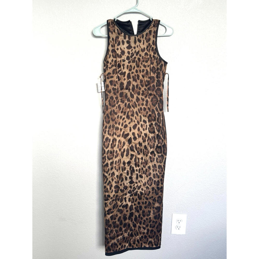 Dolce & Gabbana Black Sheath Dress 42 Midi Sleeveless Satin Panel Leopard Lining - Picture 8 of 15